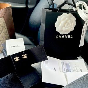 Authentic Chanel Gold, Pearly White & Crystal Earrings